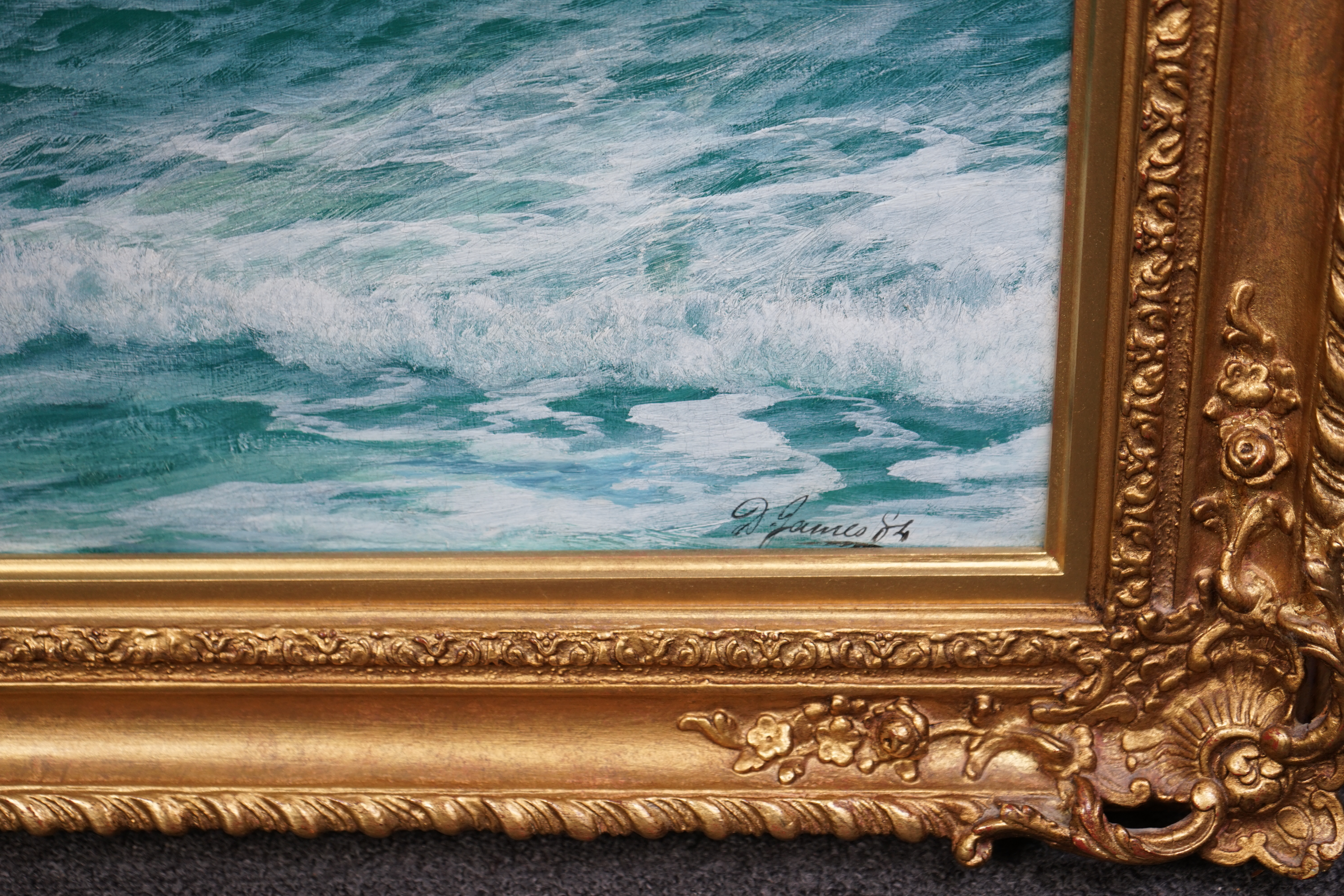 David James (English, 1854-1904), 'Hightide, Bude Bay, Cornwall', oil on canvas, 62 x 124cm